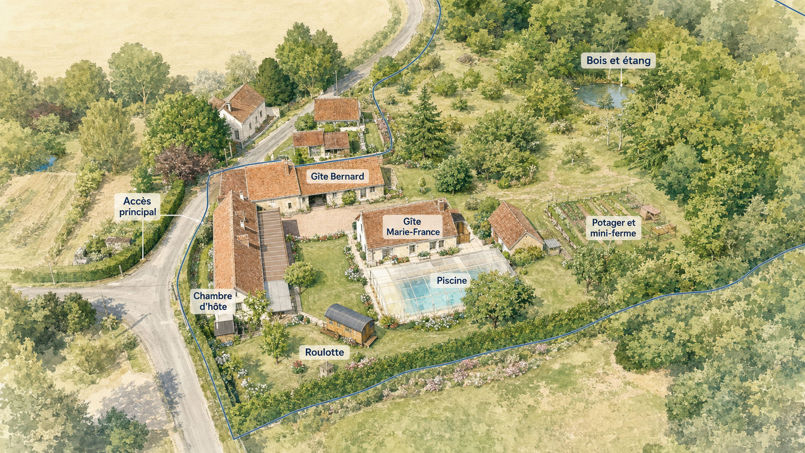 Plan du domaine Plan illustré du domaine de la Fontaine Morin avec les gîtes, la piscine, la roulotte, le bois et l'étang